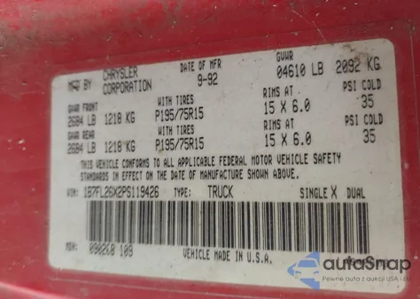 1993 Dodge Dakota z USA, uszkodzony, nr VIN 1B7FL26X2PS119426